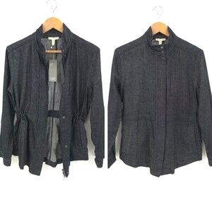 Eileen Fisher Linen Zip Jacket Black Chambray Cinch Waist Yarn Dyed Utility NWT